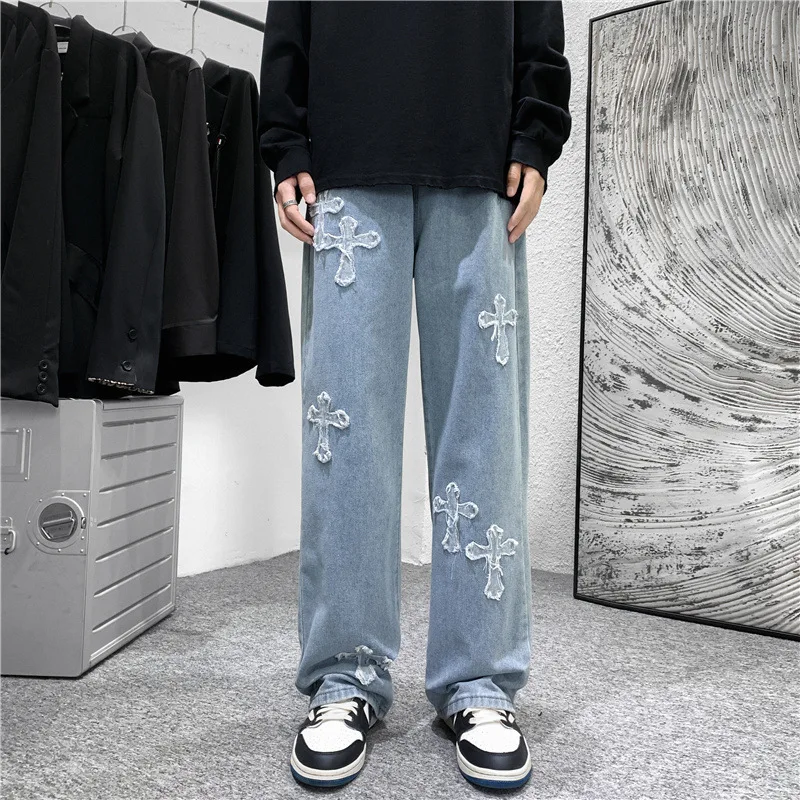 Men Cross Print Jeans Autumn Winter Harajuku Loose Wide Leg Denim Pants Student Hip Hop Straight Casual Daily Fashion Trousers