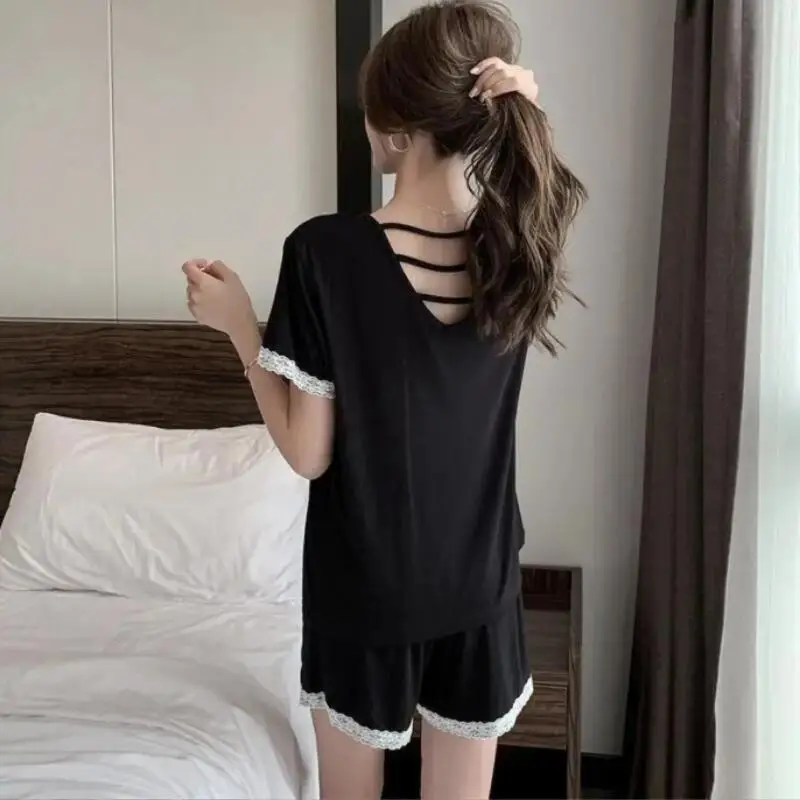 New Women's V Neck Lace Pullover Short Sleeved Shorts Pajama Set with Chest Cushion for Summer Home Wear Fashion Two Piece Set