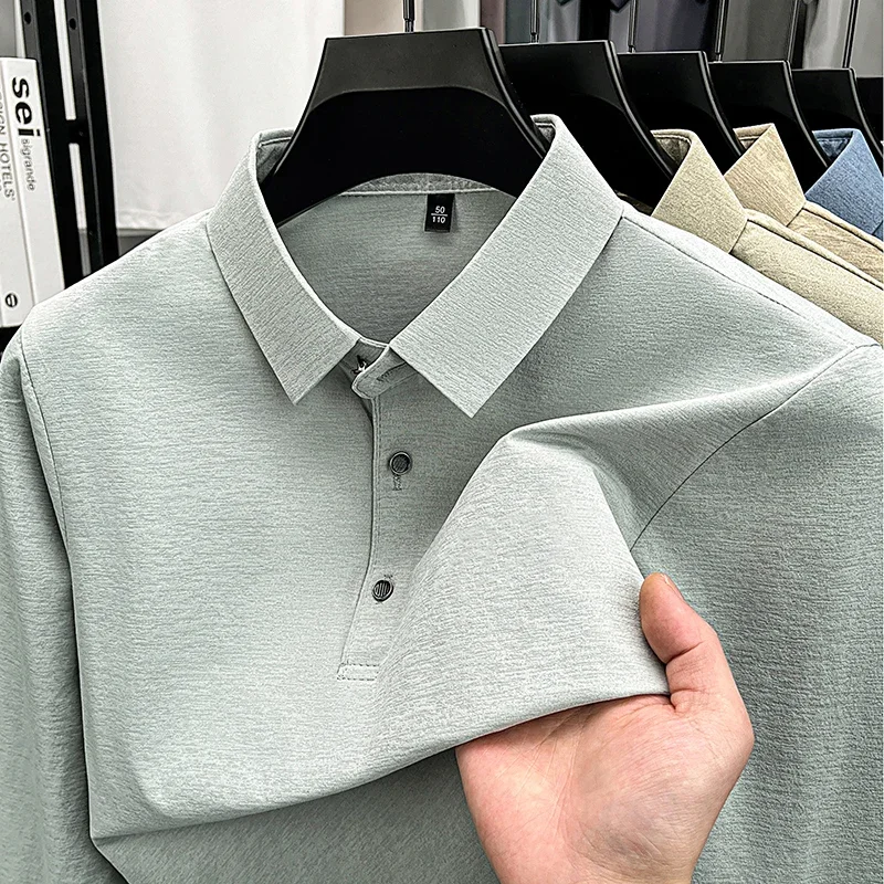 Mens Lightweight Polo T Shirt Lapel Collar Long Sleeve Heather Texture Top For Daily Work And Casual Activities