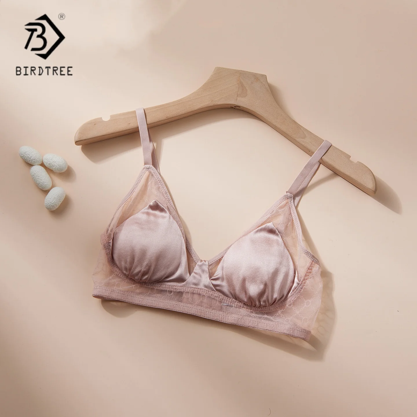 

Birdtree, бюстгальтер из 93% шелка с подкладкой из 7% спандекса, женское дышащее кружевное нижнее белье с треугольными чашками, бретельки для спагетти, новинка 2025 года A5D644JF