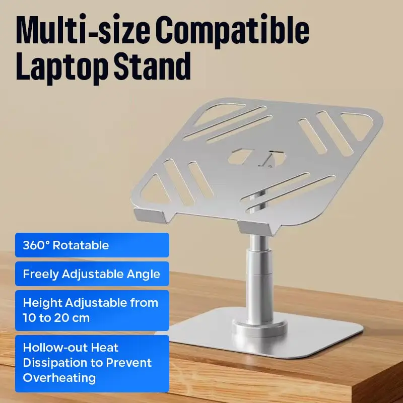 Aluminum Laptop Stand 360° Rotatable Ergonomic Adjustable Height 10-20cm 180° Tilt Cooling Riser for 10-17.3