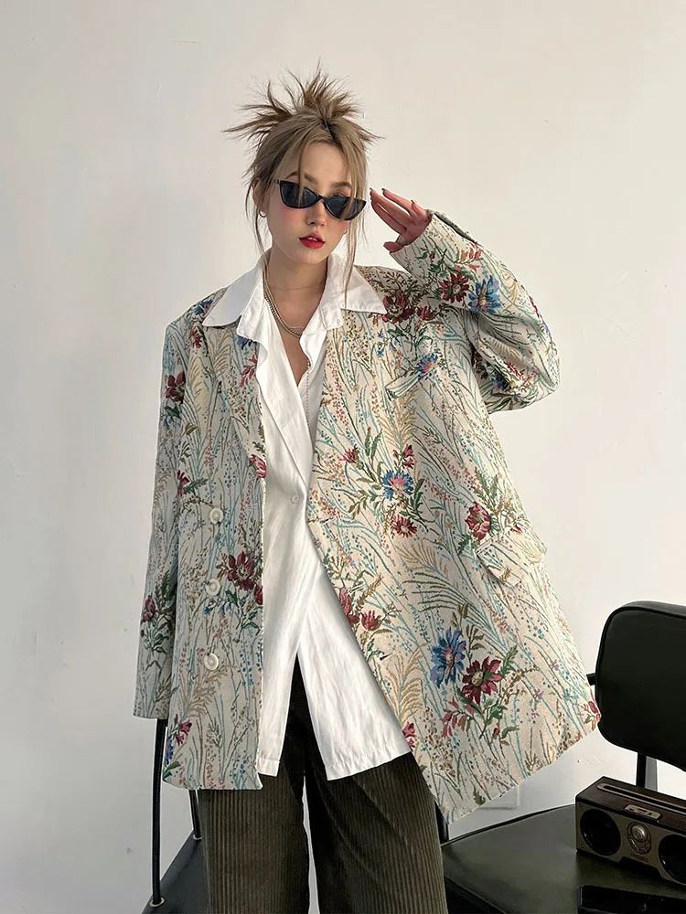 Women Blazer Color Matching Printin Loose Women Blazers And Jackets Vintage Leisure Long Oversized Suit Coats Women 2023