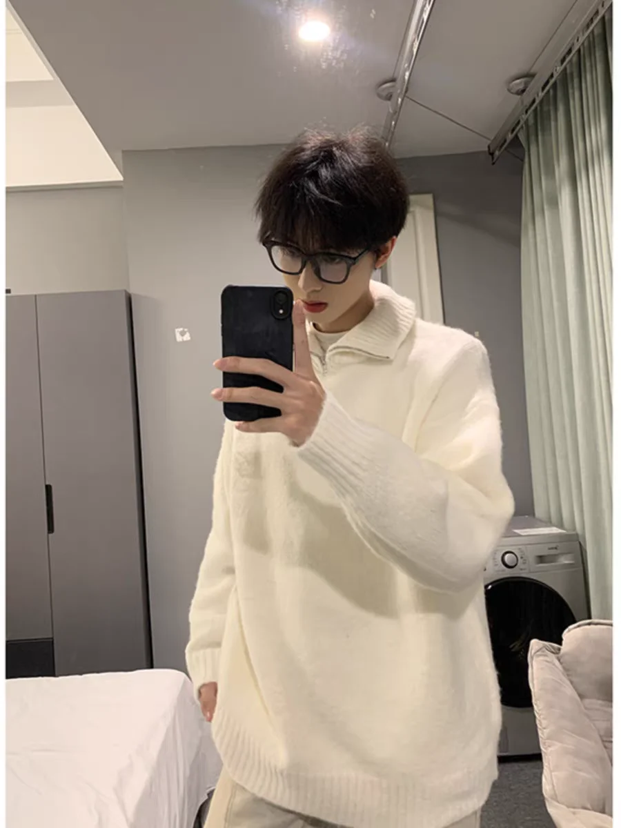 

High Collar Men's Knitted Sweater Winter Outerwear White Hooded Zipper Jaet Casual Comfortable Thiened Long Sve Polyes...