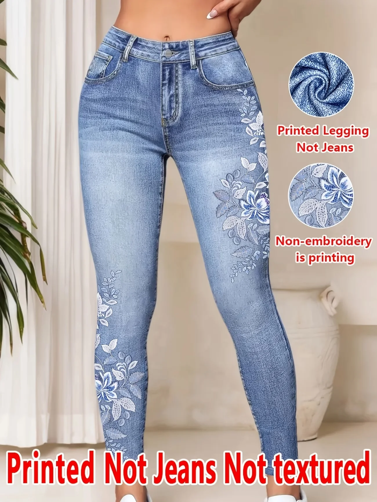 Printed Legging‑Not Denim Fabric All‑over Faux‑Denim Printed Long Pants with Faux Pocket and Button Print Details. New‑Arrival