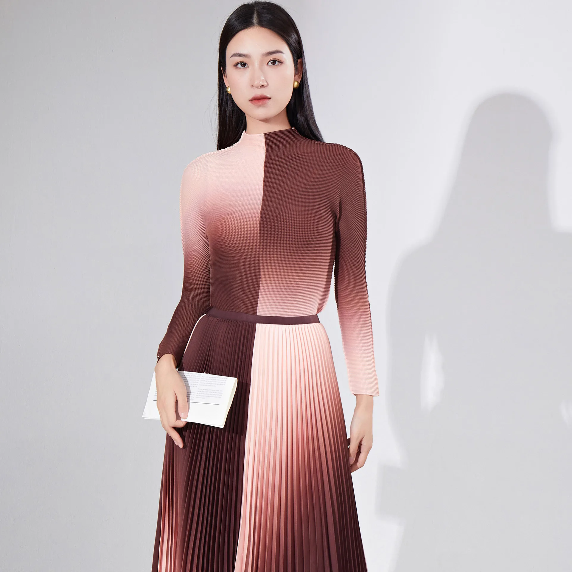 

SuperAen Women's Fashion High End Women's Korean Style Long Sleeved T-shirt Bottom Shirt Pleated Skirt Two Piece Set