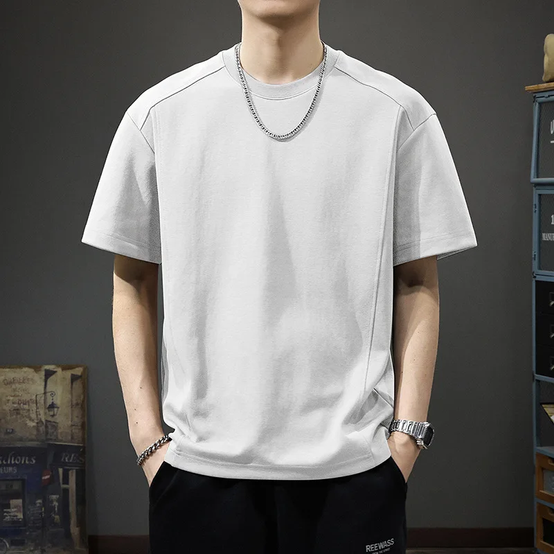 Retro Splicing Short-sleeved T-shirt Men's Summer Thin Cotton Breathable Loose Round Neck Solid Color Top