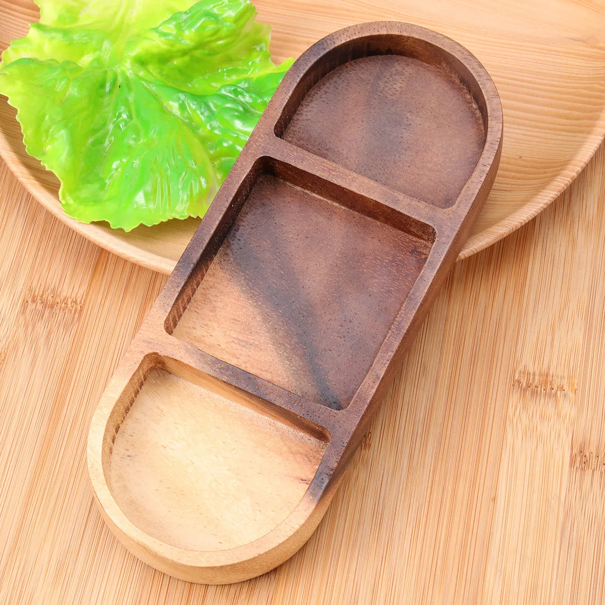 

Wooden Condiment Plate 3-Grid Stainless Steel Dipping Bowl For Kitchen Bbq Camping Retro Natural Seasoning Dish Appetizer