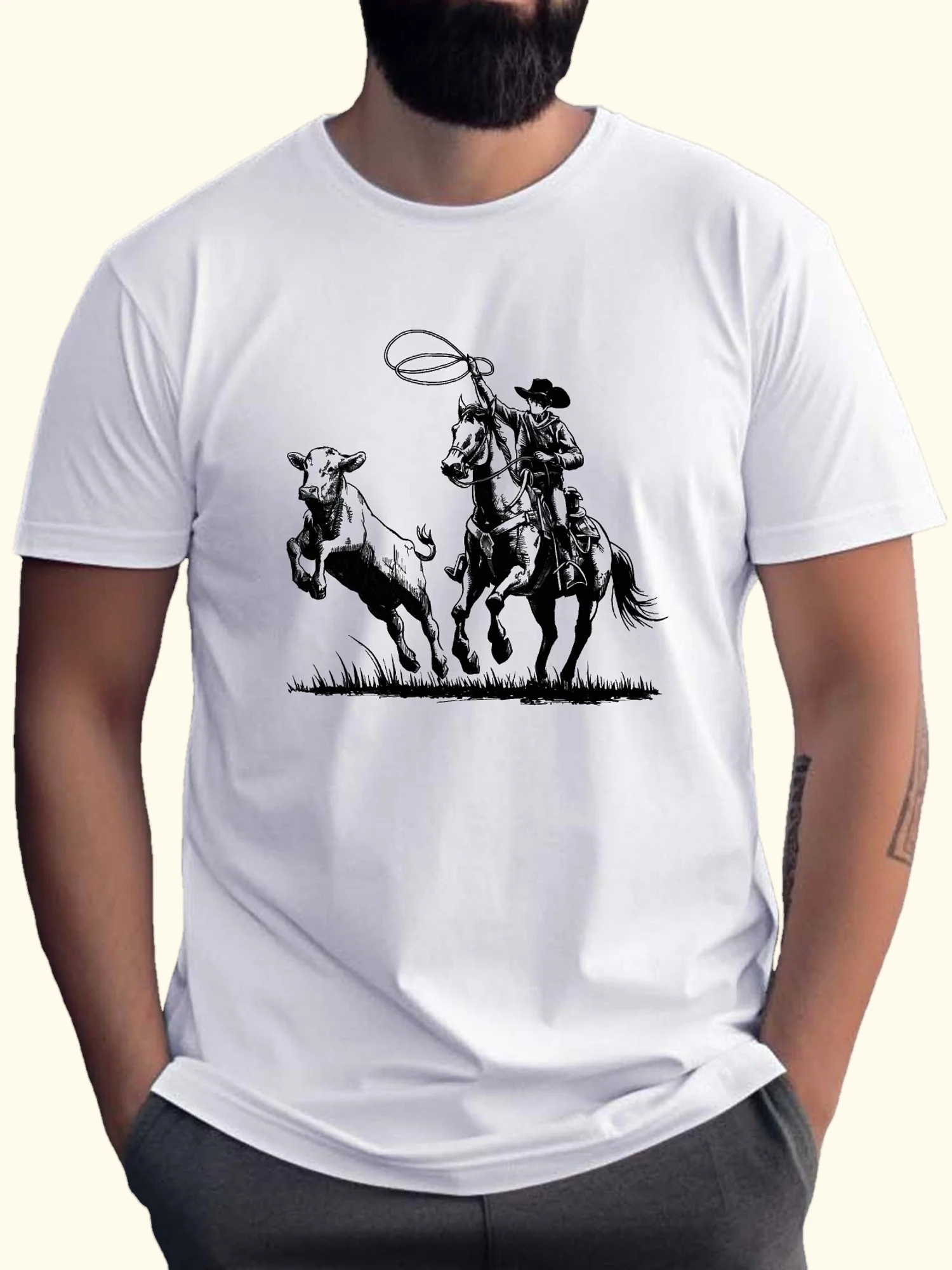 

Cowboy Lasso Action Sketch Wrinkle Mens TShirt Front Shoulder Fit Fashion Tshirt Round Neck Short Sleeve