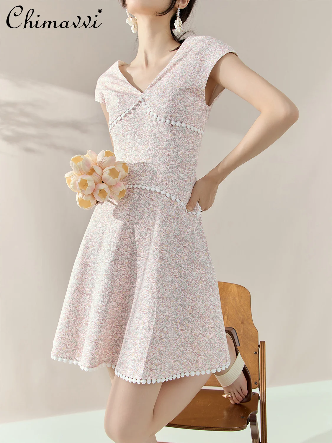 

French Luxury High-end Temperament V-neck Evening Party Dress Sleeveless High Waist A-line Printed Pink Short Dress Women Summer