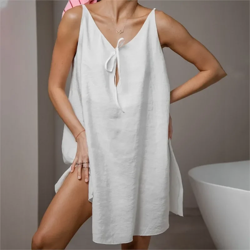 

Белая женская одежда для сна Сексуальная одежда для сна с v-образным вырезом и тонкими бретелями, одежда для сна на шнуровке, повседневное мини-платье, домашняя одежда