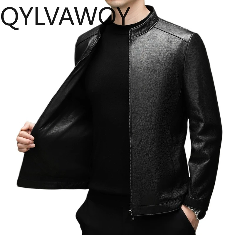 

QYLVAWOY High-end Goatskin Leather Jacket Real Leather Coat Autumn Winter Motorcycle Jacket Man Stand Collar Jackets for Man New