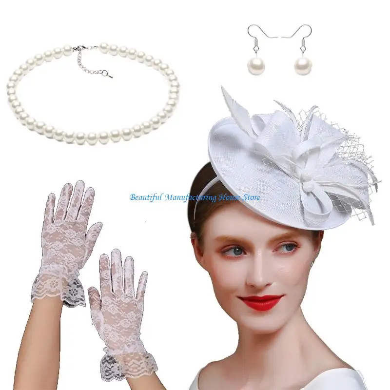 E56A Cocktails Costume Fascinator Hat Necklace Gloves Earrings for Women Theme Party