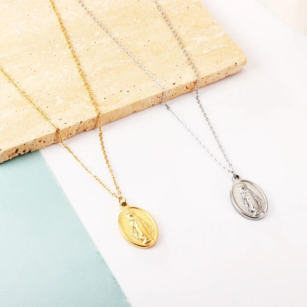 ASONSTEEL Fashion Virgin Mary Jesus Oval Long Chains Pendant Necklace For Woman/Man Stainless Steel Religious Christian Jewelry