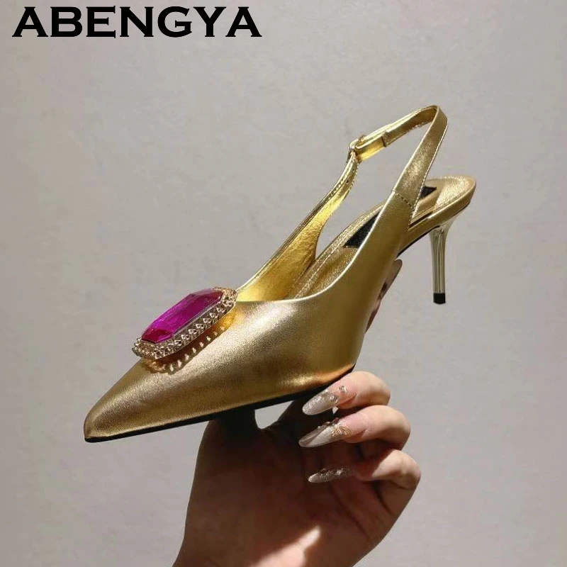 2026 Summer Shining Rhinestone Thin High Heels Sandals Women Pointy Toe Slingbacks Pumps Ladies Sexy Runway Party Sandals Femme