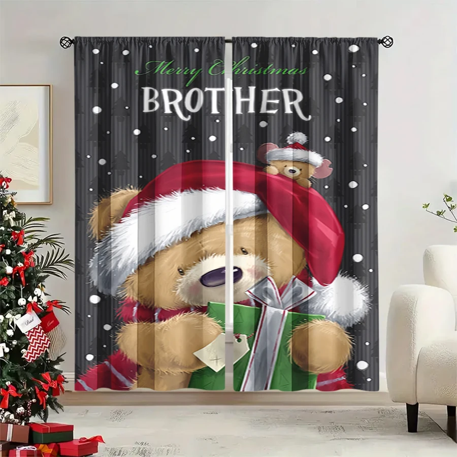 2PCS Christmas Winter Curtains, Teddy Bear Santa Hat Gift Mouse Brother, Digital Print, Bedroom Living Room, Home Decor