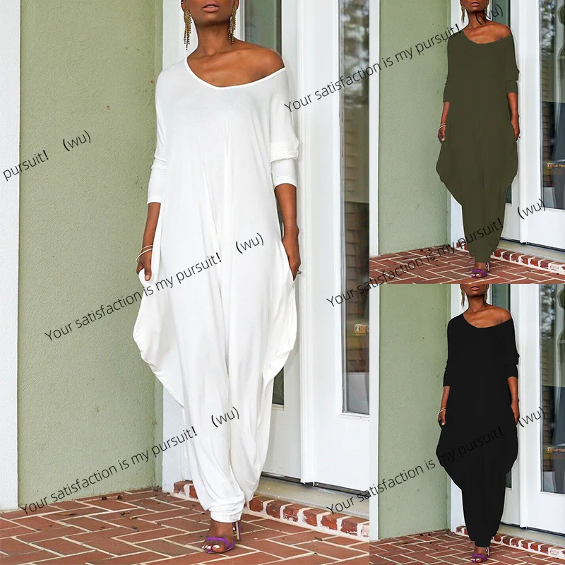 

Европейский и американский однотонный женский свободный комбинезон с хлопковой оправой и нерегулярными средними рукавами