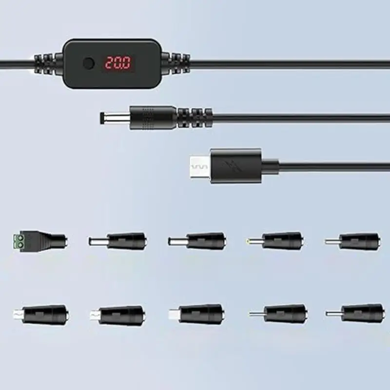 R53C 120cm Type C Power Cable with Digital Display, Adjustable 5V-20V Output and Round Tip Design for Device Testing Use