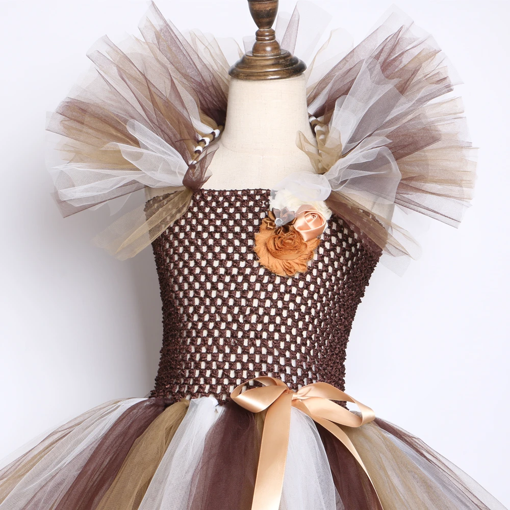 Wild Lion Mane Tutu Dress Brown Flowers Baby Girls Party Dresses Children Clothes Animal Cosplay Halloween Lion Costume for Kids