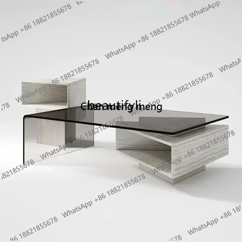 Marble coffee table Italian style, small apartment living room glass creative rectangular telescopic