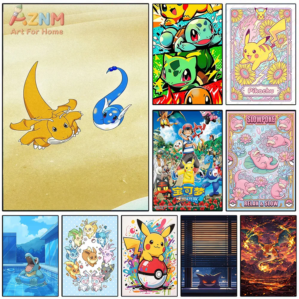 AZNM Pokemon Anime Canvas Painting Dragonite Pikachu Bulbasaur Slowpoke Eevee Evolutions Wall Art Print Home Decor No Frame