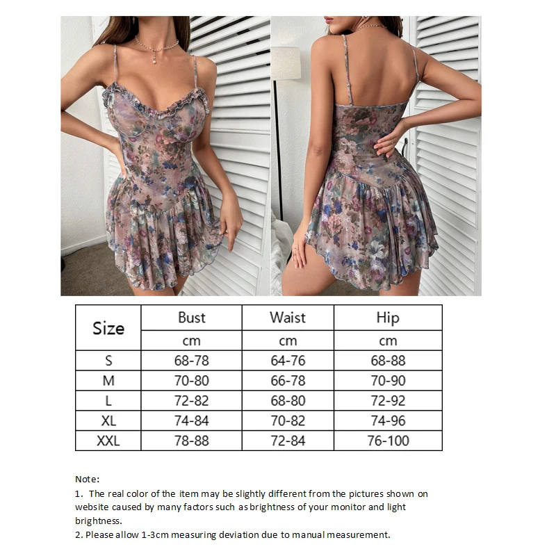 Women\'s Sexy Floral Nightdress Set Printed Lingerie Pajamas Suit Low-cut Erotic Slip Dress Female Babydoll Costumes Free Thong