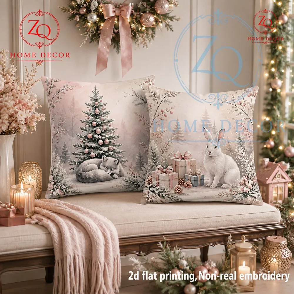 Christmas pillowcase with a wintery mosphere feures pink snow scene paired with sleeping silver fox  soothing white rabbit