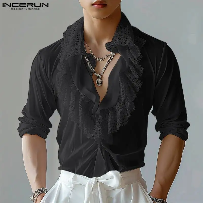 INCERUN Men Shirt Lace Patchwork Transparent Ruffle Lapel Long Sleeve Casual Men Clothing Streetwear 2024 Fashion Camisas S-5XL