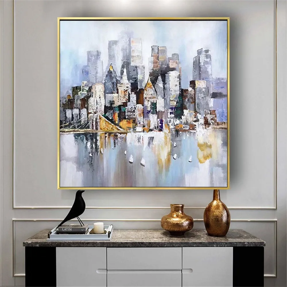 

Modern City Building Picture For Home Decor Wall Art Pictures 100% Handmade Abstract Oil Painting On Canvas Trim Living Room