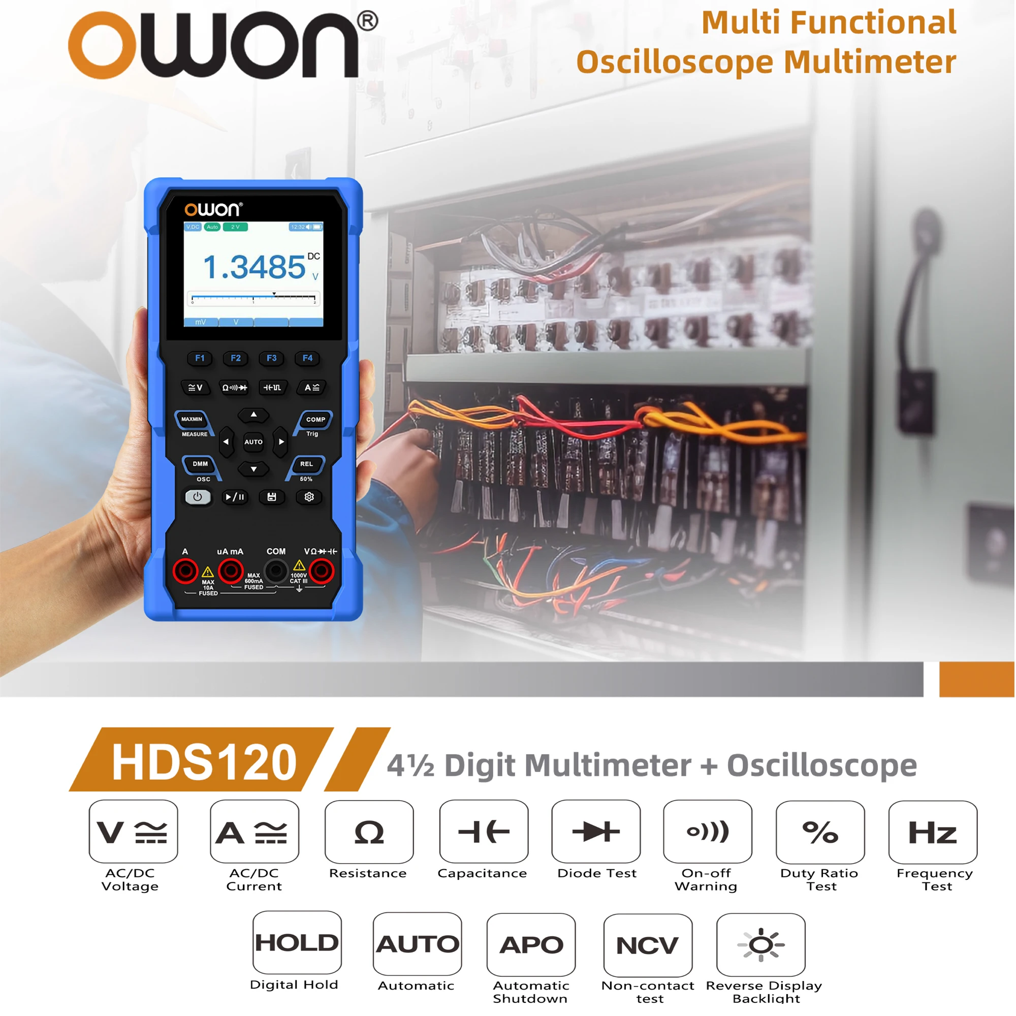 

Owon HDS120 2 in 1 Oscilloscope + 4½ Digit Multimeter 2.8-inch IPS Screen Full Keypad Operation Waveform Automatic Measurement