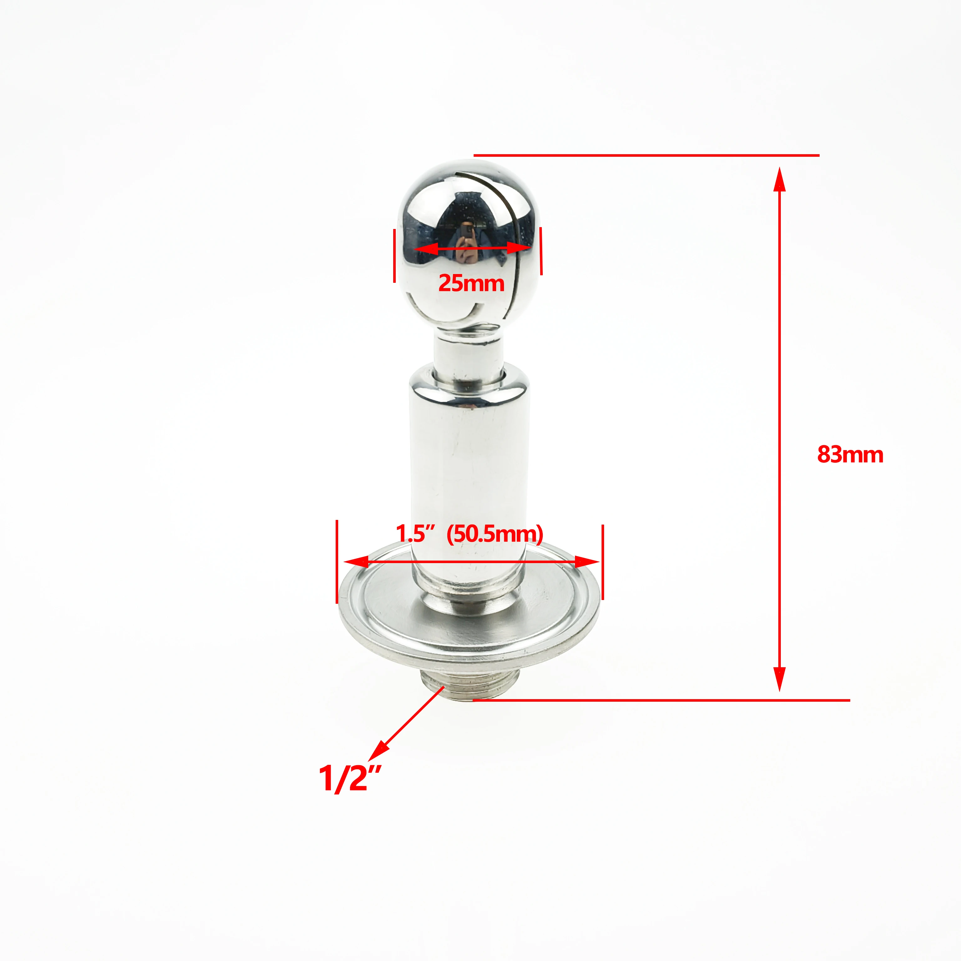 Stainless Steel 360 Degree Rotary CIP Cleaning Spray Ball for Tri-Clamp Equipment 1/2 Inch Threaded X 1.5 Inch Connection