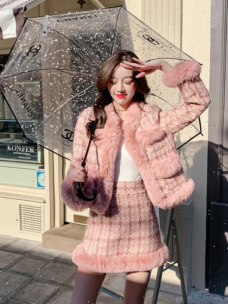 Fall Winter Pink Warm Thick Tweed Two Piece Sets For Women High Quality Elegant Wool Blend Patchwork Plaid 2 Piece Skirt Sets