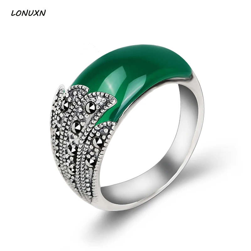 

High Quality Solid 925 Sterling Silver Women Jewelry Natural Stone Green Agate Bohemia Retro Rings Green Onyx Rings Fine Jewelry