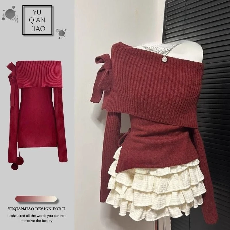 Fashion Suit Female Melard Autumn and Winter New Spice Girls Off-shoulder Slimming Bow Sweater Cake Dress Two-piece Personality