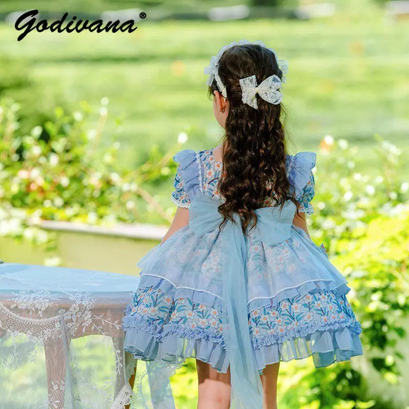 2026 Summer New Fashion Baby Girls Sweet Chiffon Floral Lolita Princess Tutu Dress Childrens Puff Sleeve Ruffle Trim Bow Dress