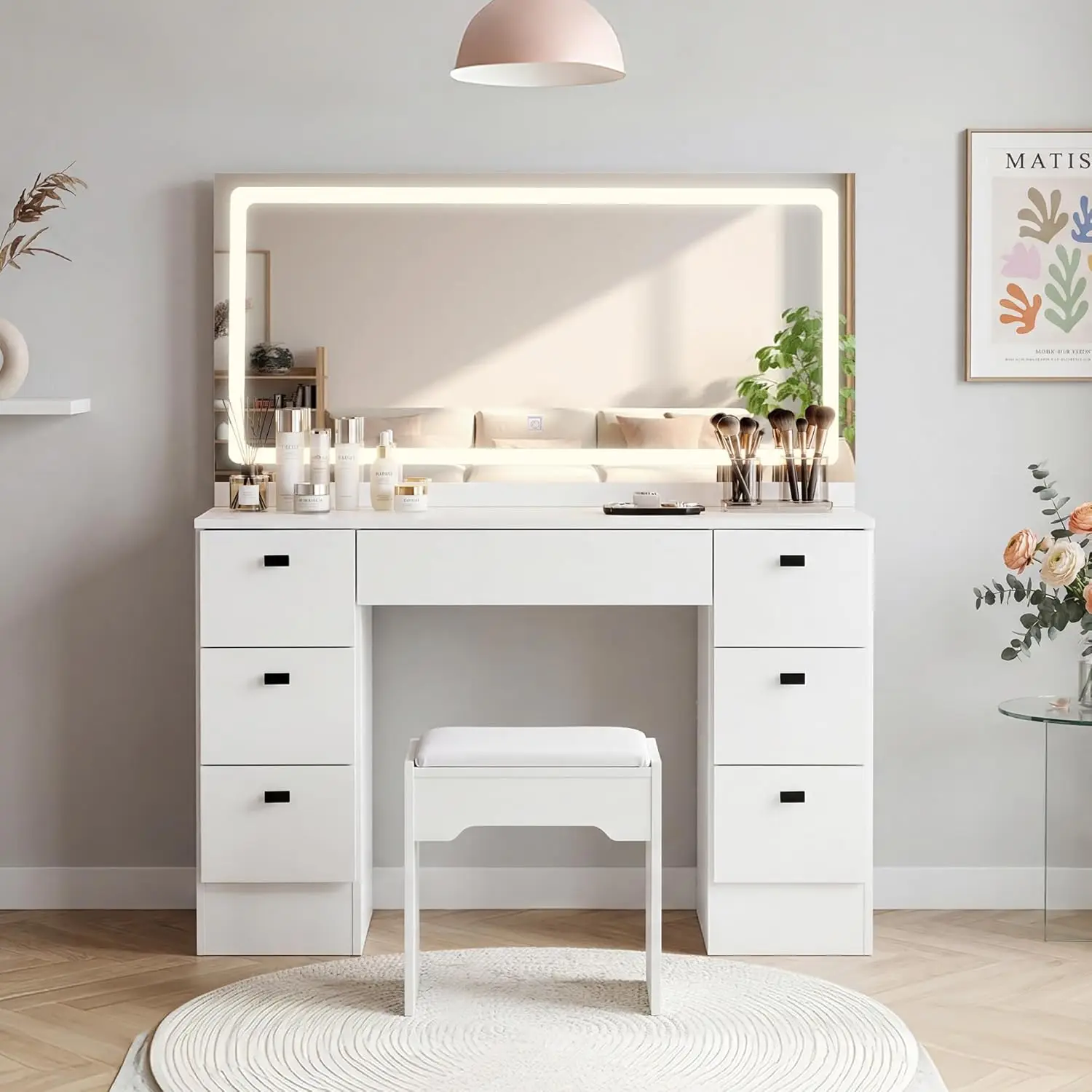 

7-Drawer White Modern Dressing Table with Mirror, LED Lights & Power Outlet, Touch-Control 3-Color Mode, PU Cushion Stool