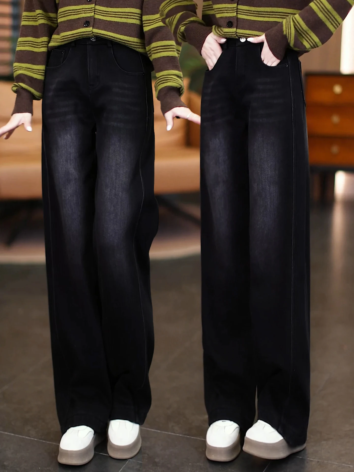 

Джинсы с высокой талией на флисовой подкладке, облегающие, с широкими штанинами, женские, осенне-зимние, повседневные, свободные, прямого кроя, утягивающие, брюки