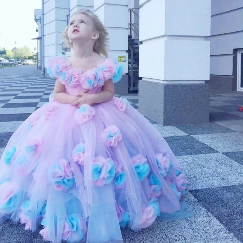 

Colorful Flower Girl Dresses Tulle Puffy 3D Flowers With Tailing Sleeveless For Wedding Birthday Party Banquet Princess Gowns