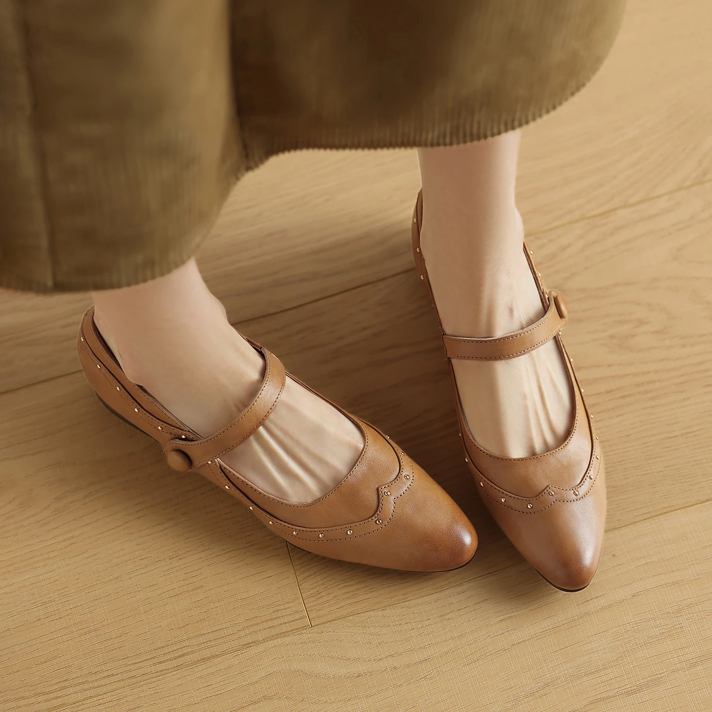 

Flats Women Genuine Leather Mary Jane Style Single Strap Shallow French Vintage Studded Shoes