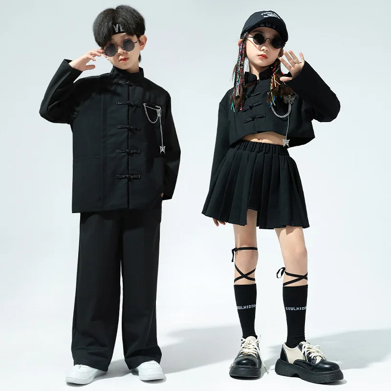 Chinese Style Kids Jazz Dance Performance Stage Costumes Boys Black Shirt Loose Pant 2pcs Girls Streetwear Crop Tops Skirt Set