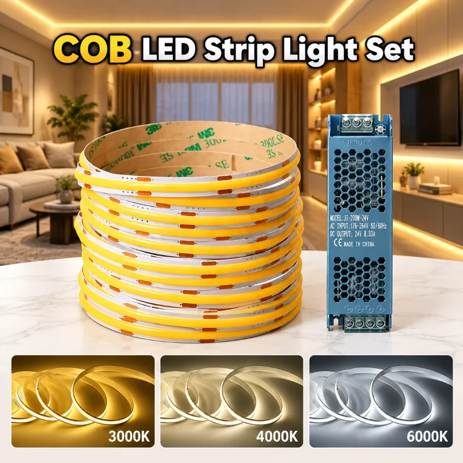 12/24V COB LED Strip Light Set High Density Flexible Tape Light 3000K 4000K 6000K with Power Adapter for Home Decor Lighting