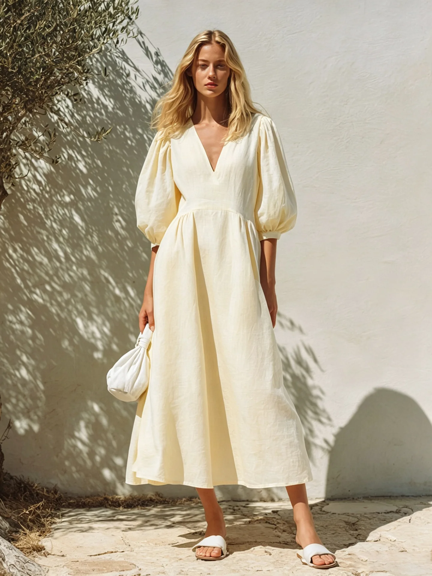 Women Cotton Linen Midi Dress Deep V Neck Puff Short Sleeve High Waist Flowy A Line Long Dress Bohemian Beach Vacation Sundress
