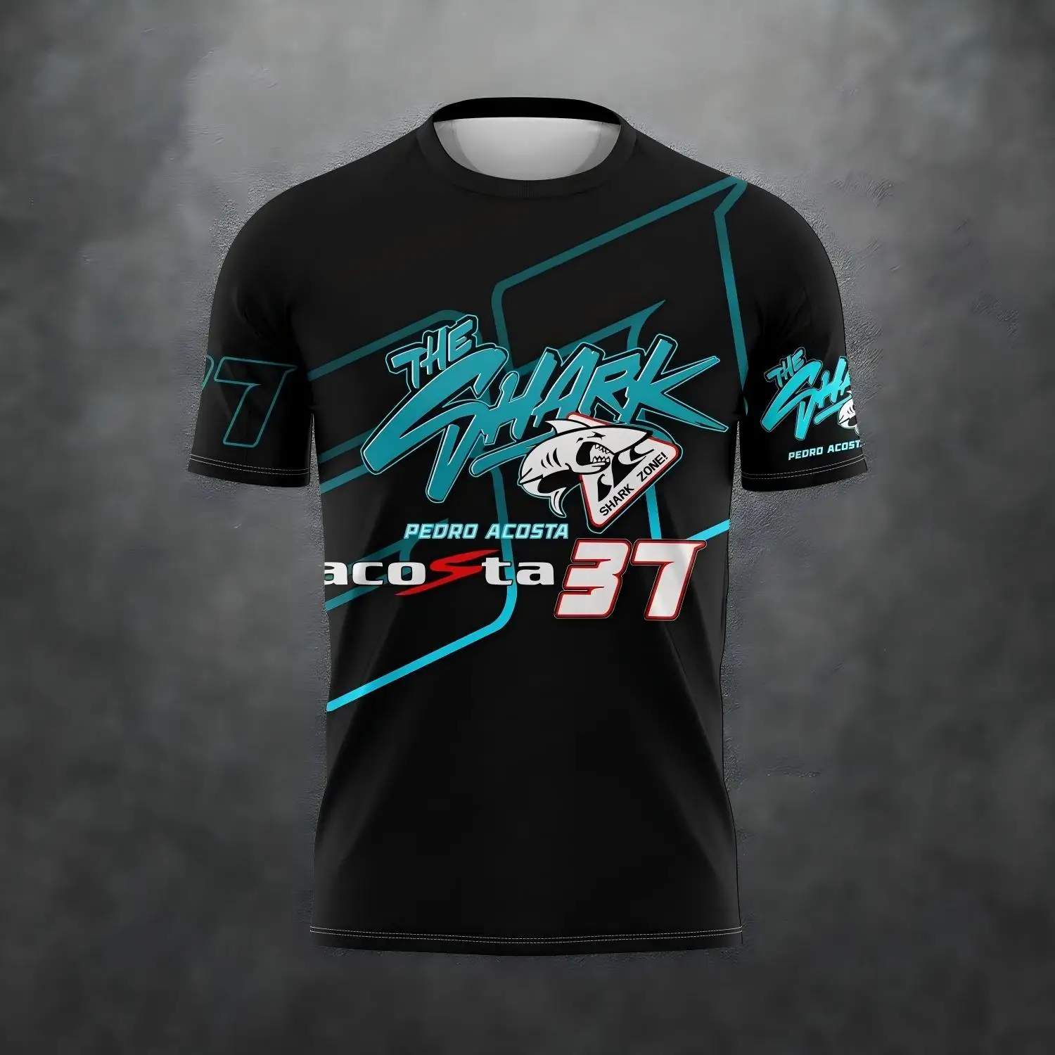 Lässiges Kurzarm-T-Shirt für Herren und Damen mit 3D-Druck im Carreras Shark Design Pilot Pedro Acosta Nr. 37 T-Shirt – Detail 6