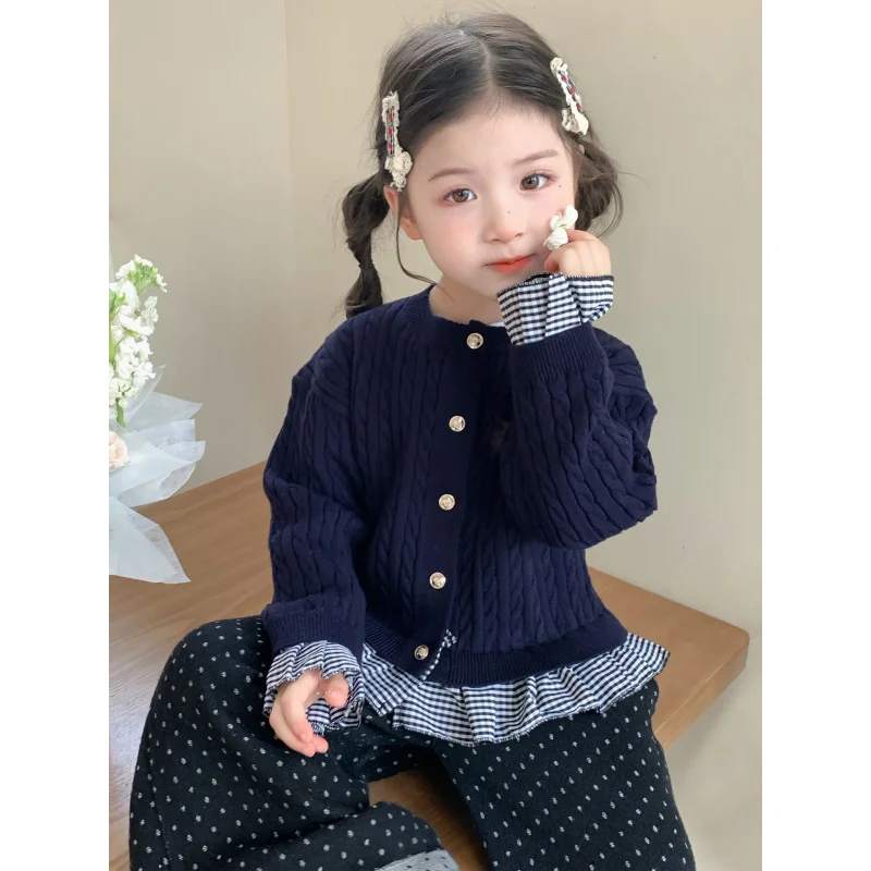 

Girls Plaid Cardigan Sweater Autumn2025New stylish fashionable lace spring and autumn knit top for baby girls