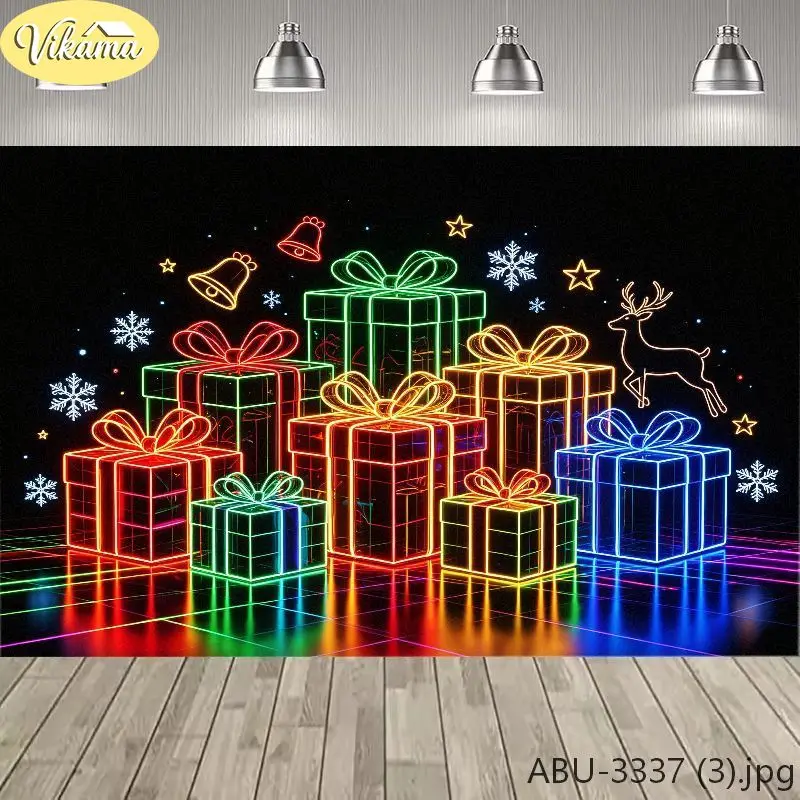 VIKAMA Christmas Photo Backdrop Black Multicolor Neon Gift Box Bell Reindeer Photography Background for Family Holiday Party