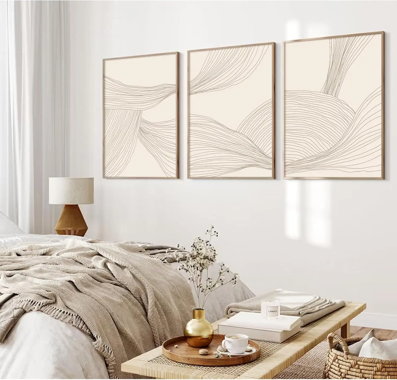 3 Pcs/Set Modern Abstract Wall Arts Beige Bohemian Canvas Mid-Century Piece Posters Geometric Line Printed Painting, No Frame