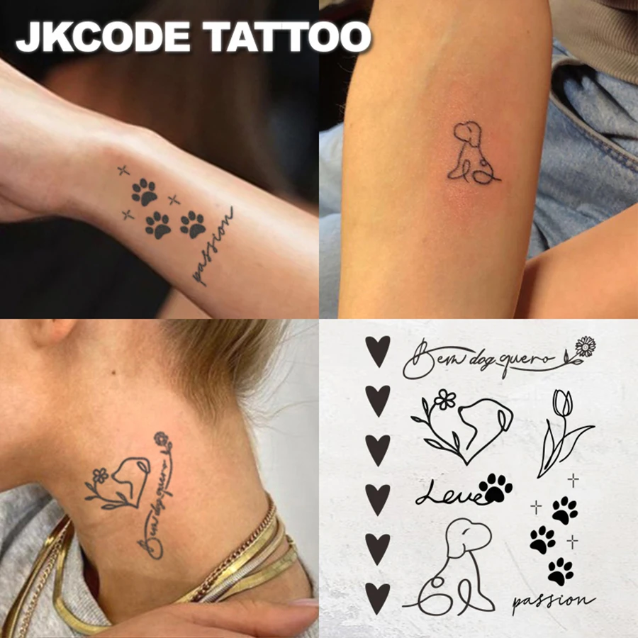 Tatouage minimal mélange de plantes autocollants de tatouage de doigt Ins Style chiot d'animal de compagnie illustration en forme de coeur œillet chrysanthème phrases d'art lignes 12 modèles tatouage mignon mode fille accessoires femme main cou tatouage longue durée pour 15 jours