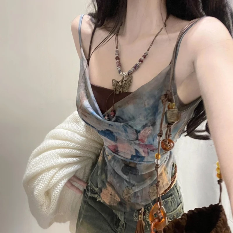 New Braces Spice Girl Butterfly Print Fold Wear Halter Vest Summer Slim Irregular Top Two-piece Set Female Women Tanks & Camis