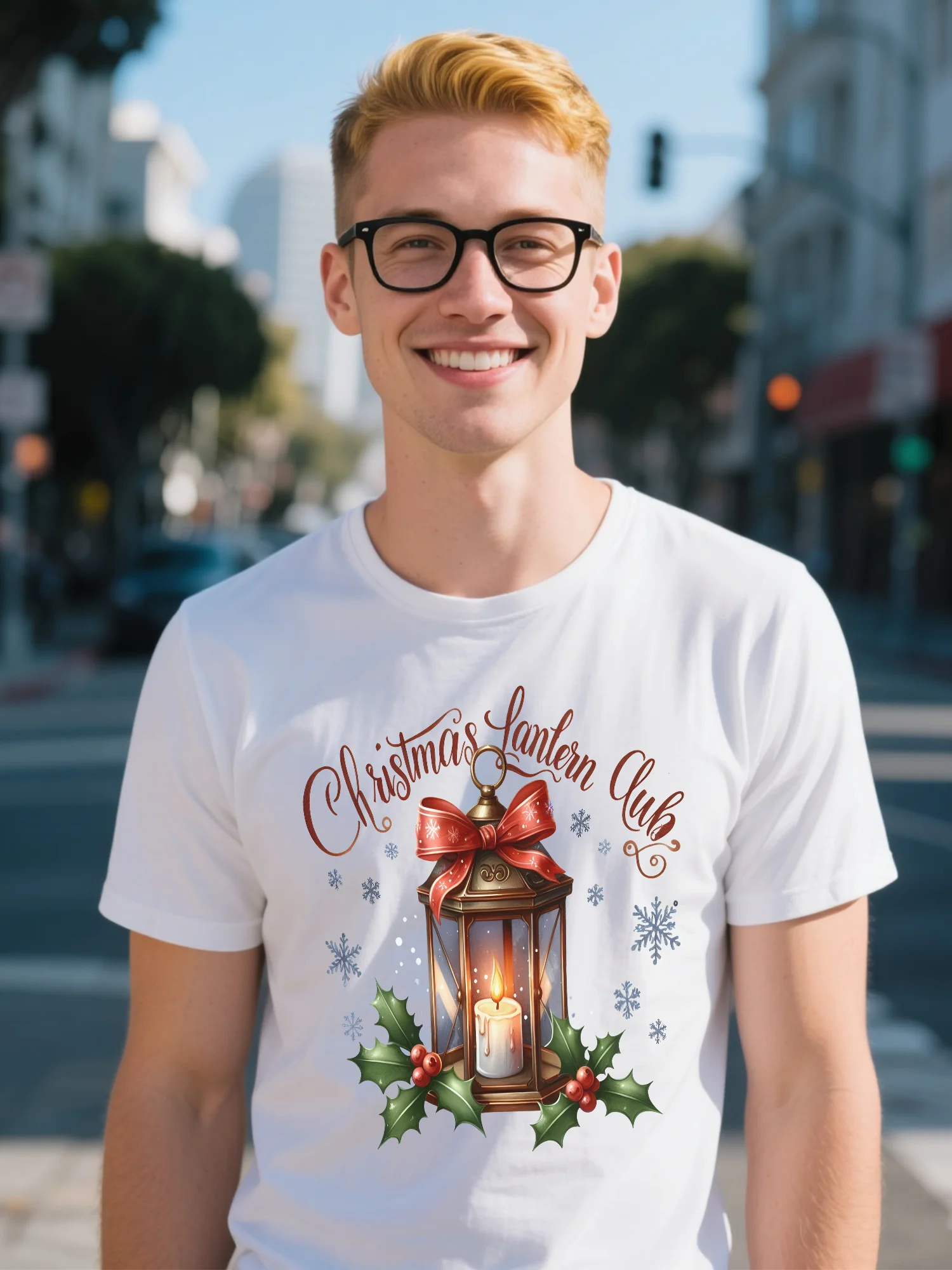 

Organic Cotton Men's T-Shirt - White High Street Candy Cane Graphic, Moisture-Wicking Fabric for Winter 2025