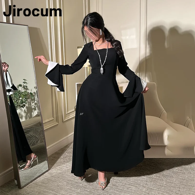 Jirocum Elegant Black Prom Dresses Women's Pearl Square Neck Party Evening Dress Long sleeved customized Formal Occasion Gowns