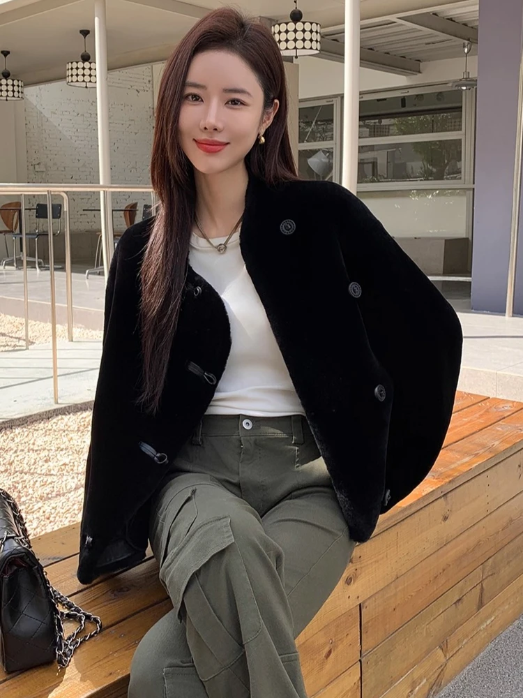 الراقية الفاخرة ميرينو الأغنام الفراء فروي الستر للنساء 2025 جديد بسيط الوقوف طوق قصيرة الشتاء جلد طبيعي معطف الفرو الحقيقي